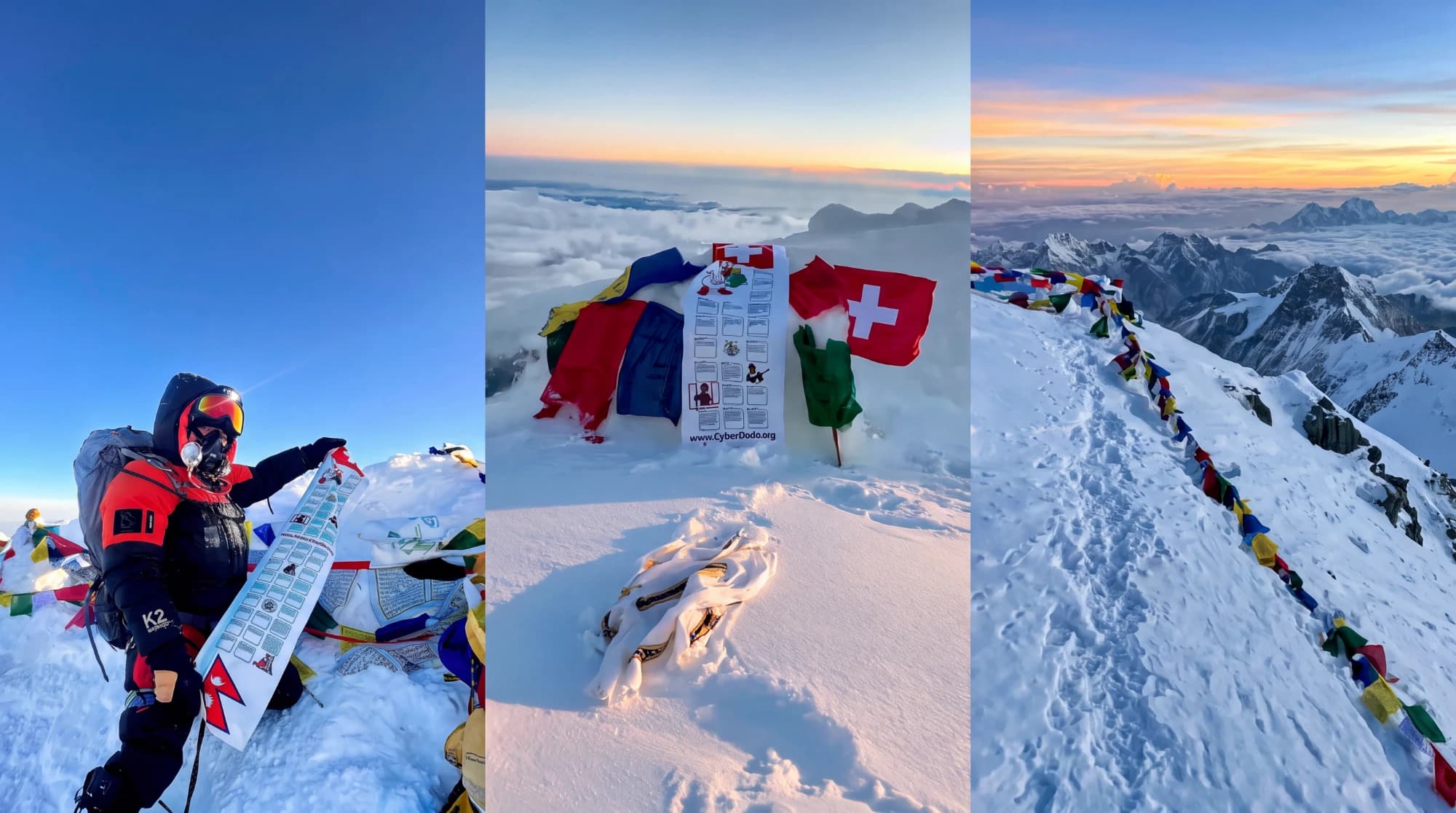 Trois vues du sommet de l’Everest : Pasang Ngima Sherpa déploie l’affiche CyberDodo de la Convention relative aux droits de l’enfant parmi les drapeaux de prière ; l’affiche posée dans la neige entre les drapeaux suisses ; l’arête sommitale et ses drapeaux de prière au lever du jour, au-dessus des nuages.