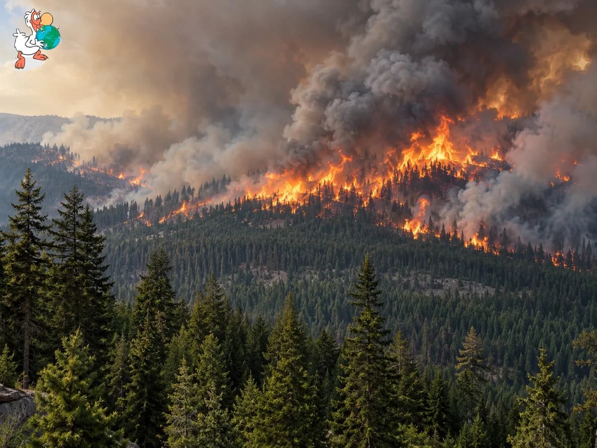 Un incendie gagne une forêt de conifères à flanc de montagne, sous d’épaisses colonnes de fumée.