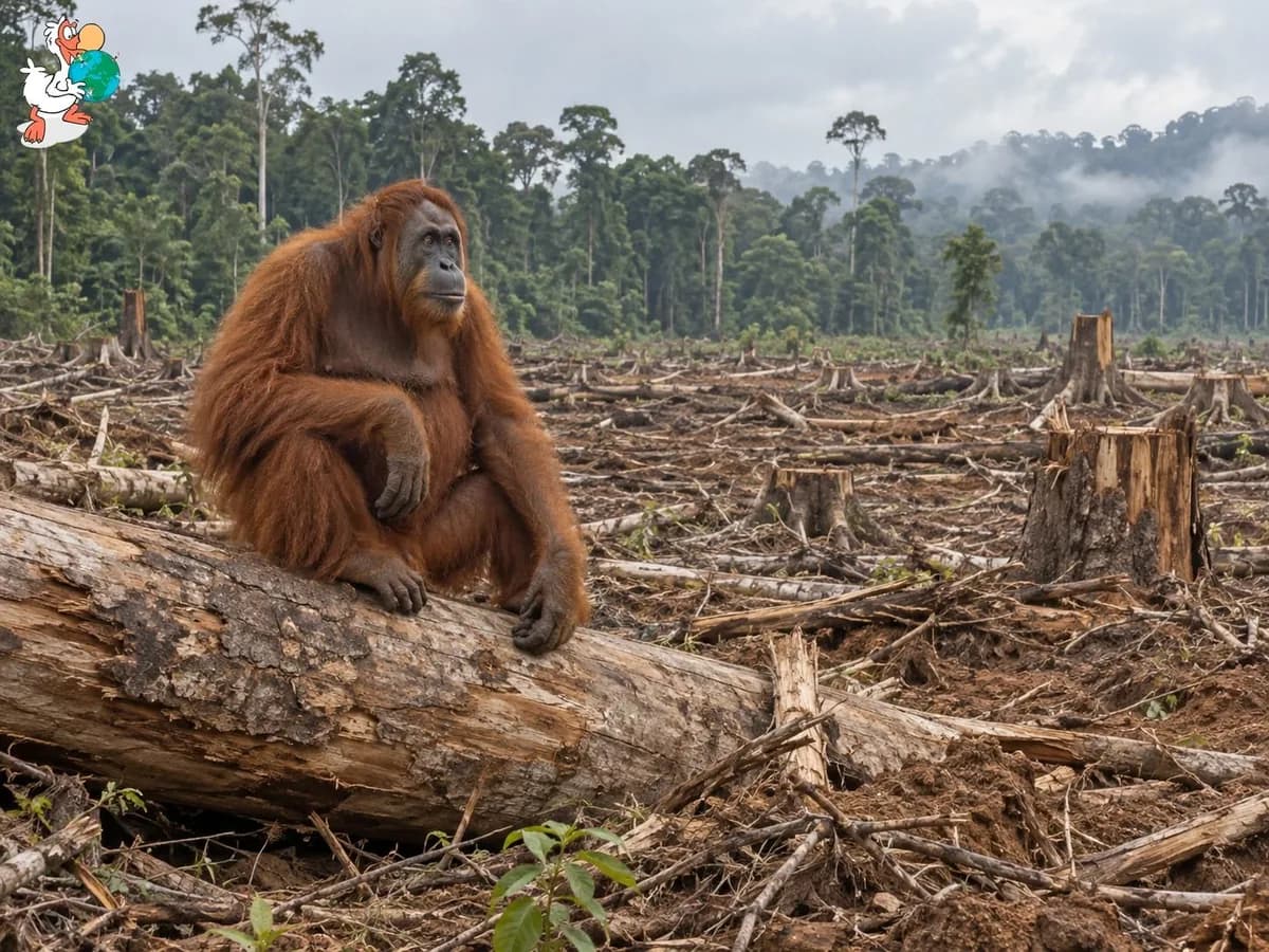 Un orang-outan assis sur un tronc abattu, au milieu d’une forêt rasée ; au loin, la forêt encore debout.