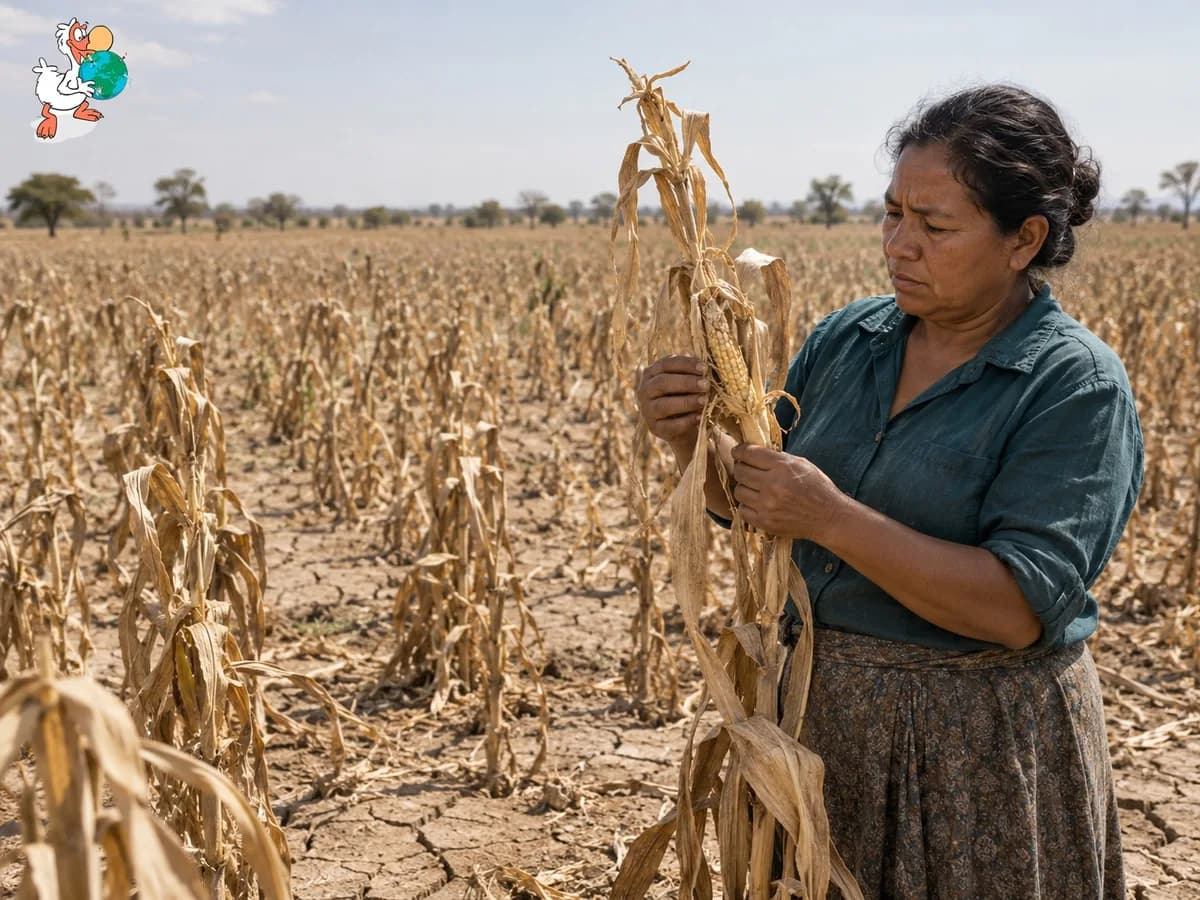 Une agricultrice examine un épi de maïs desséché, dans un champ brûlé par la sécheresse, sur une terre craquelée.