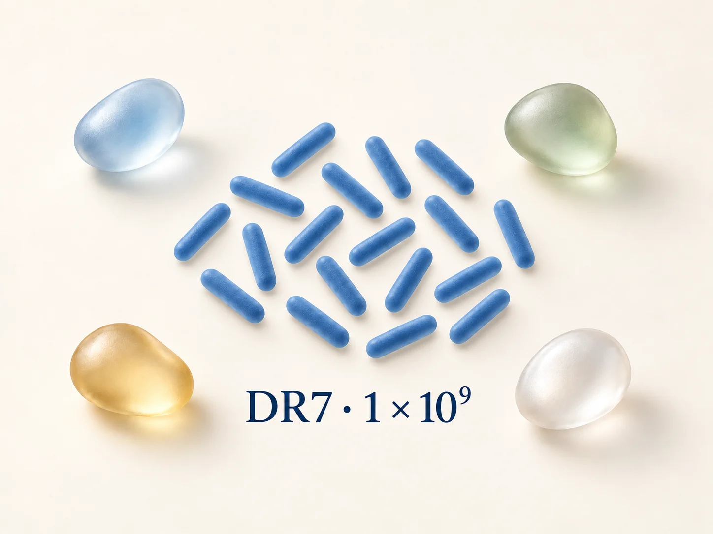 Des bâtonnets bleus figurant la souche DR7, entourés de quatre gouttes translucides figurant les vitamines, avec l’inscription DR7 · 1 × 10⁹