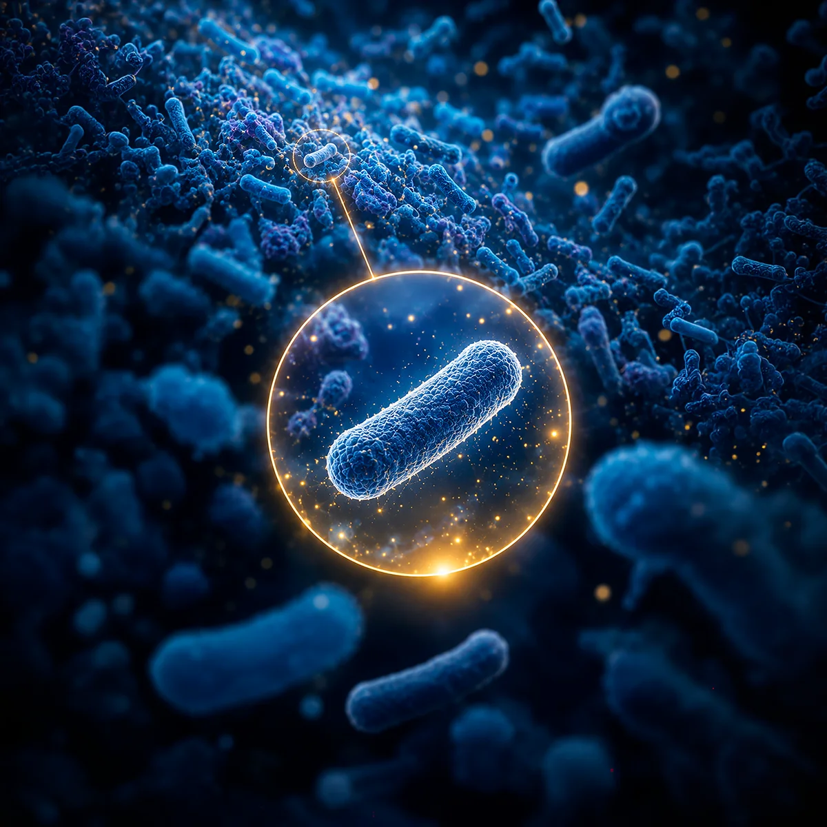 Illustration : une bactérie mise en évidence dans une loupe lumineuse, au milieu du microbiote