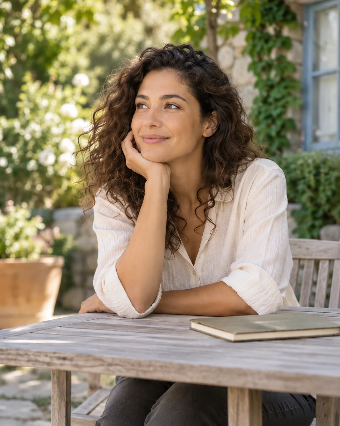Une femme aux cheveux bouclés, accoudée à une table de jardin, souriante et pensive