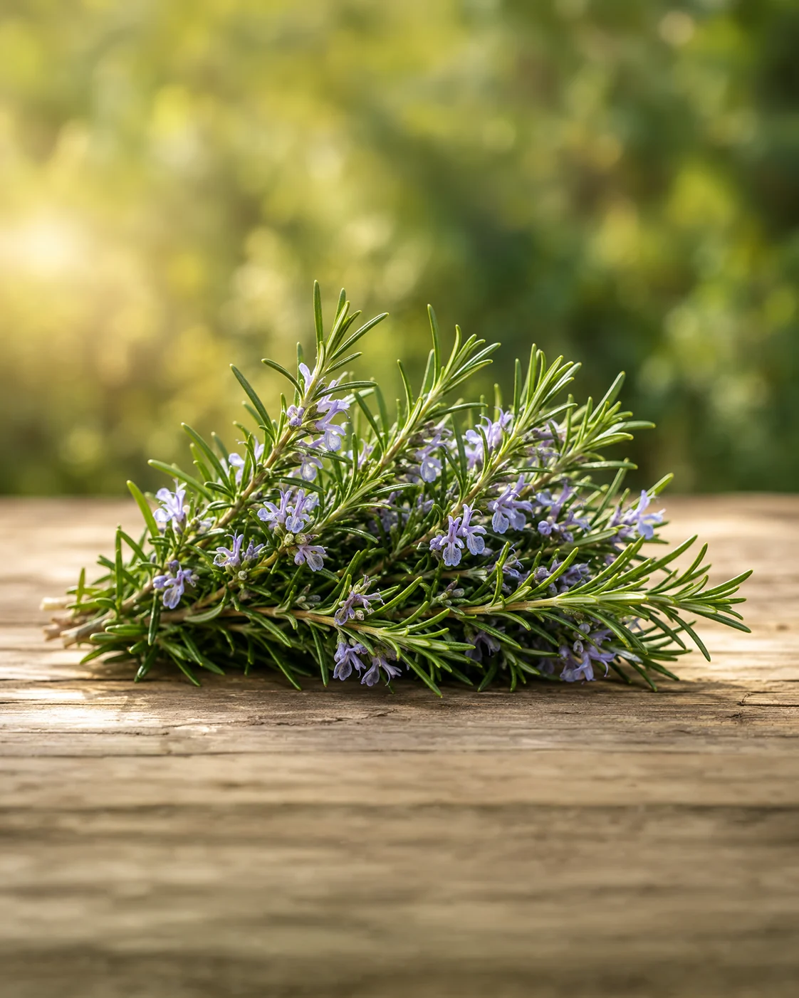 Un bouquet de romarin en fleurs posé sur une table de bois, dans la lumière du matin