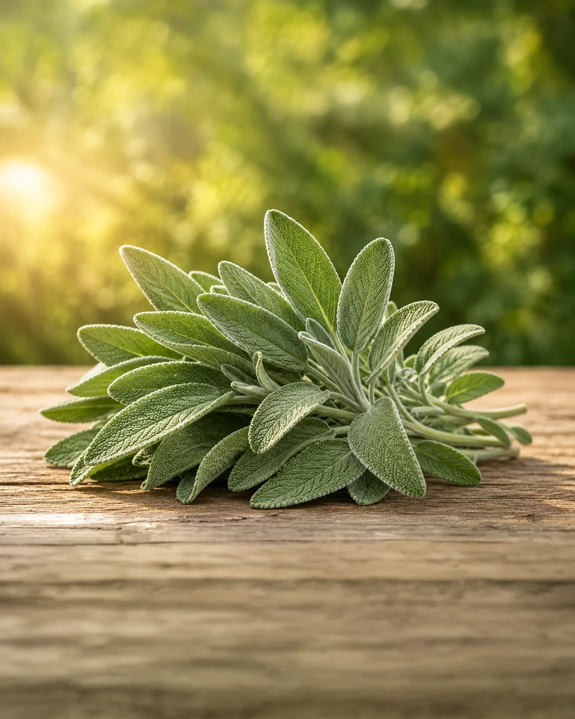 Un bouquet de feuilles de sauge officinale posé sur une table de bois, dans la lumière du matin