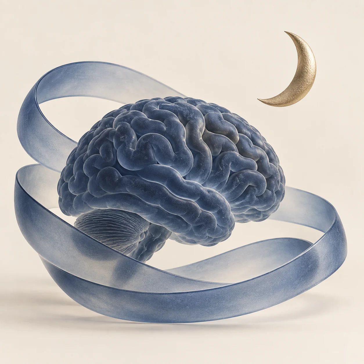 Illustration : un cerveau bleu enveloppé d’un ruban translucide, sous un croissant de lune doré
