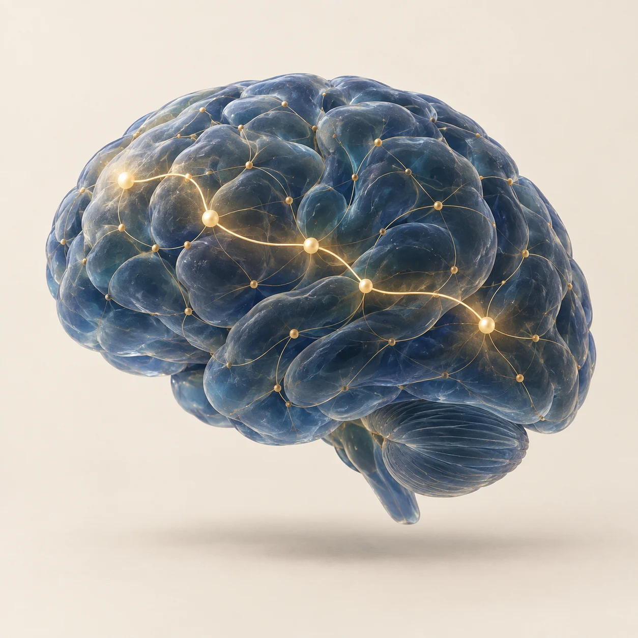 Illustration : un cerveau translucide bleu, parcouru d’un chemin lumineux doré entre plusieurs points