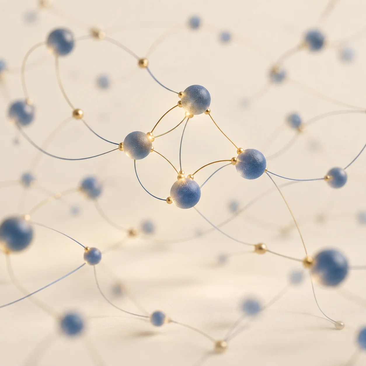 Illustration : un réseau de sphères bleues reliées par des fils dorés, quatre d’entre elles connectées au centre
