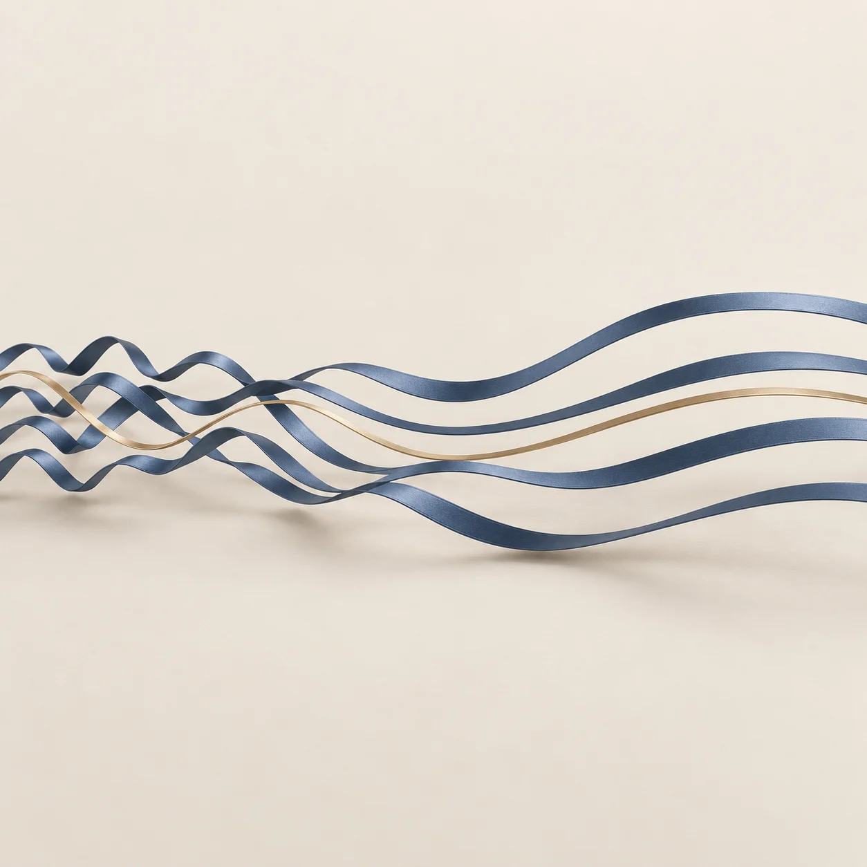 Illustration : des rubans bleus et un ruban doré dont les ondulations serrées s’apaisent en vagues amples
