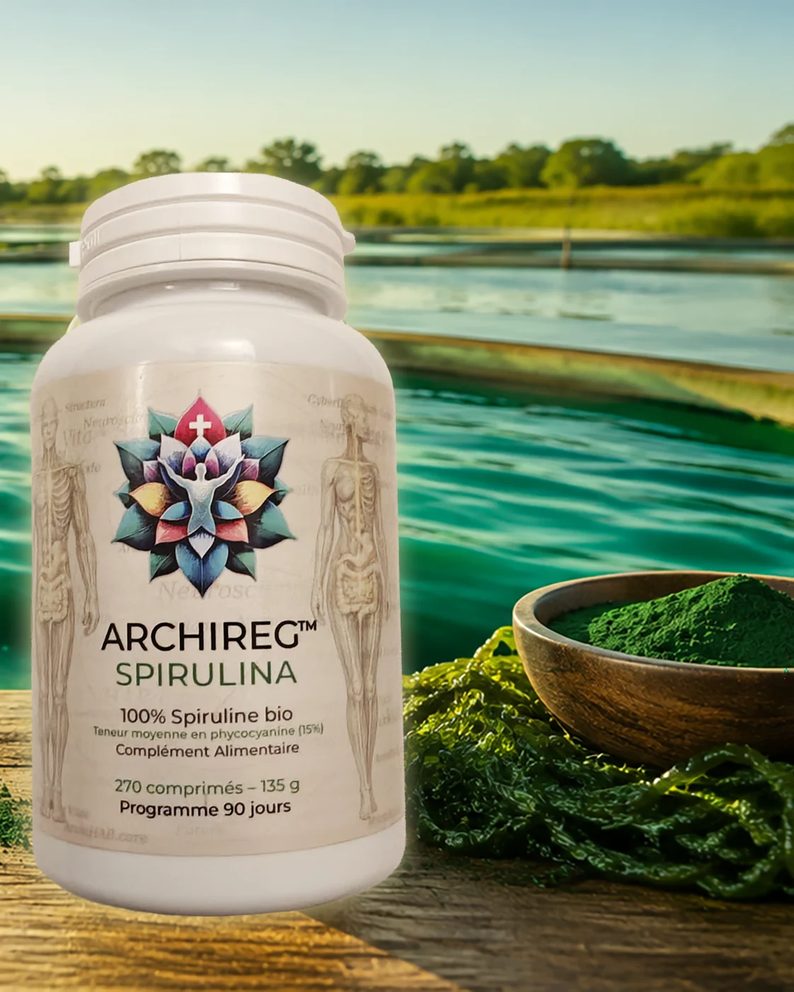 Le pilulier ARCHIREG™ Spirulina devant des bassins de culture de spiruline, une coupe de poudre verte à côté