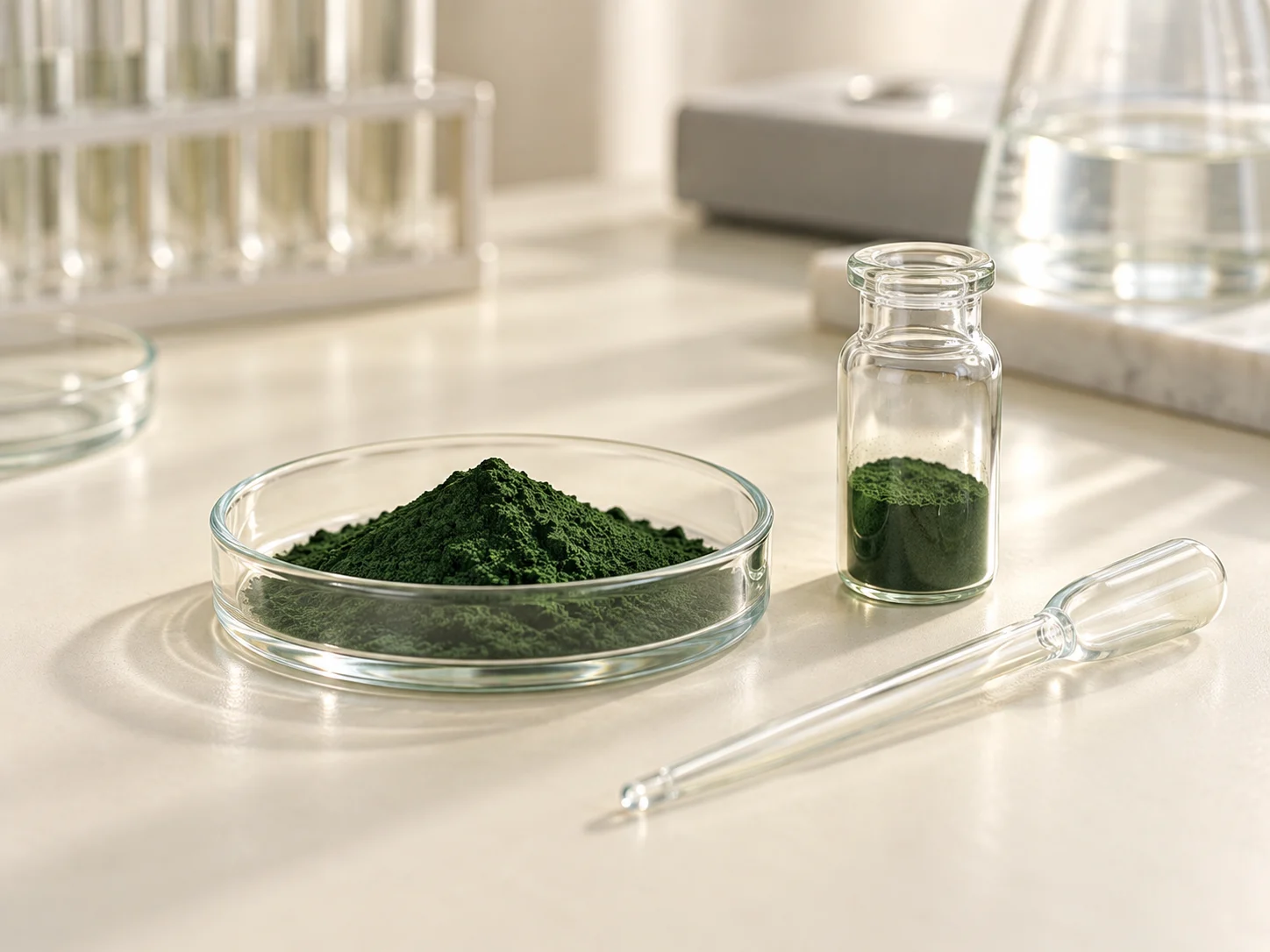 Une coupelle de verre remplie de poudre de spiruline, un flacon et une pipette sur un plan de travail de laboratoire