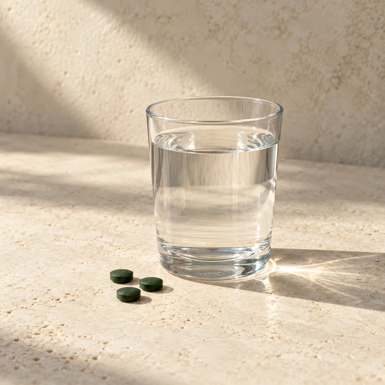 Un verre d’eau dans la lumière du jour, trois comprimés de spiruline posés à côté