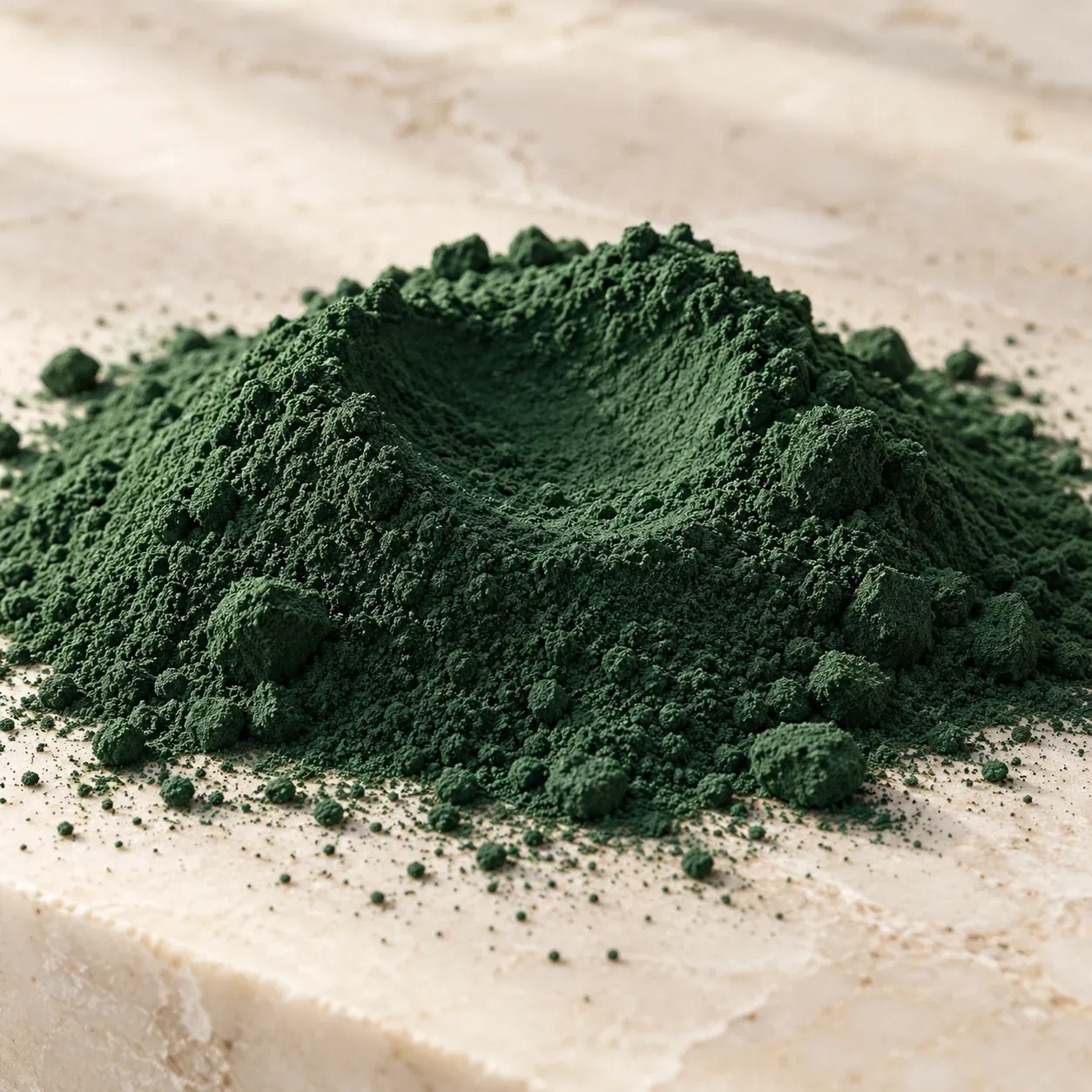 Un monticule de poudre de spiruline vert profond sur une pierre claire