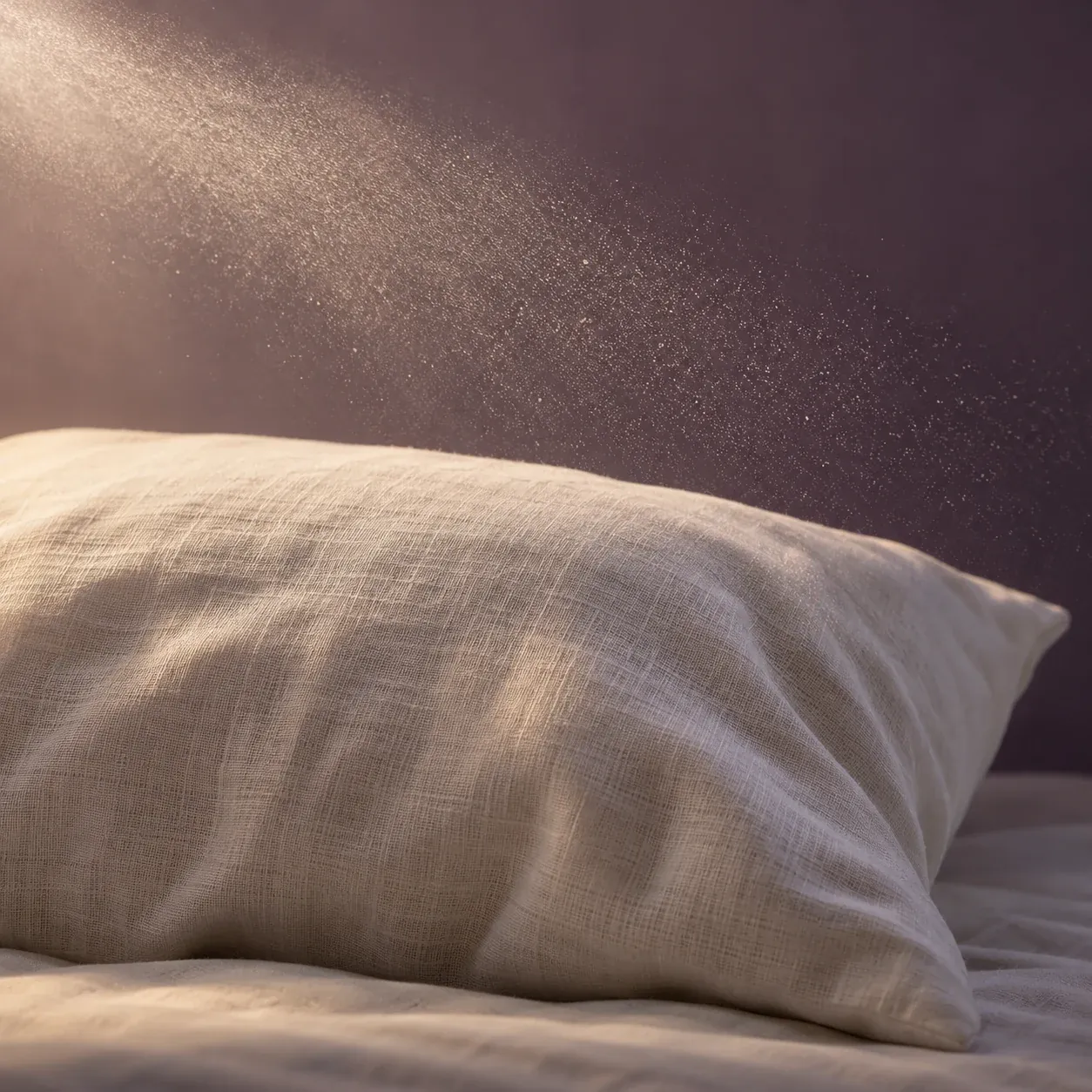Une fine brume qui se dépose sur un oreiller de lin, dans une lumière douce et mauve