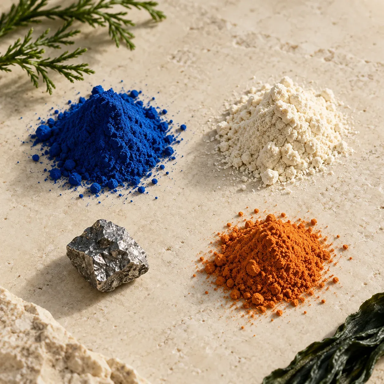 Quatre éléments posés sur une pierre claire : une poudre bleue, une poudre blanche, une poudre orange et un éclat de métal
