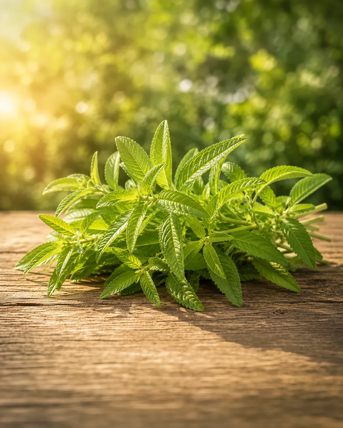 Un bouquet de verveine citronnée posé sur une table de bois, dans la lumière du matin