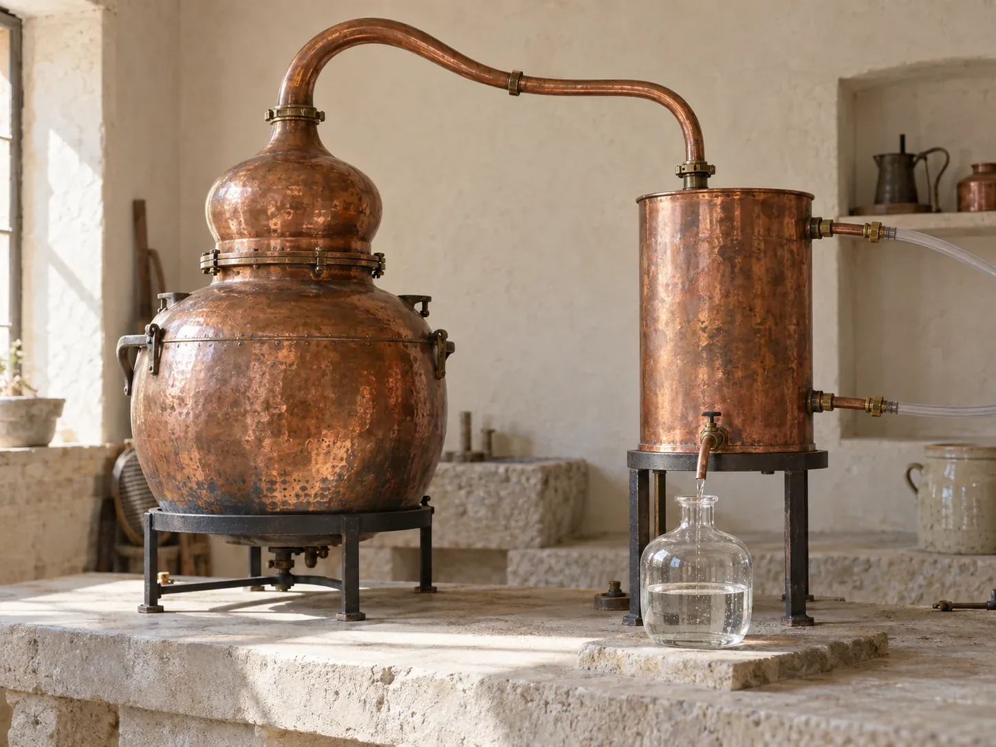 Un alambic de cuivre martelé dans un atelier de pierre ; l’eau florale distillée s’écoule dans une carafe de verre