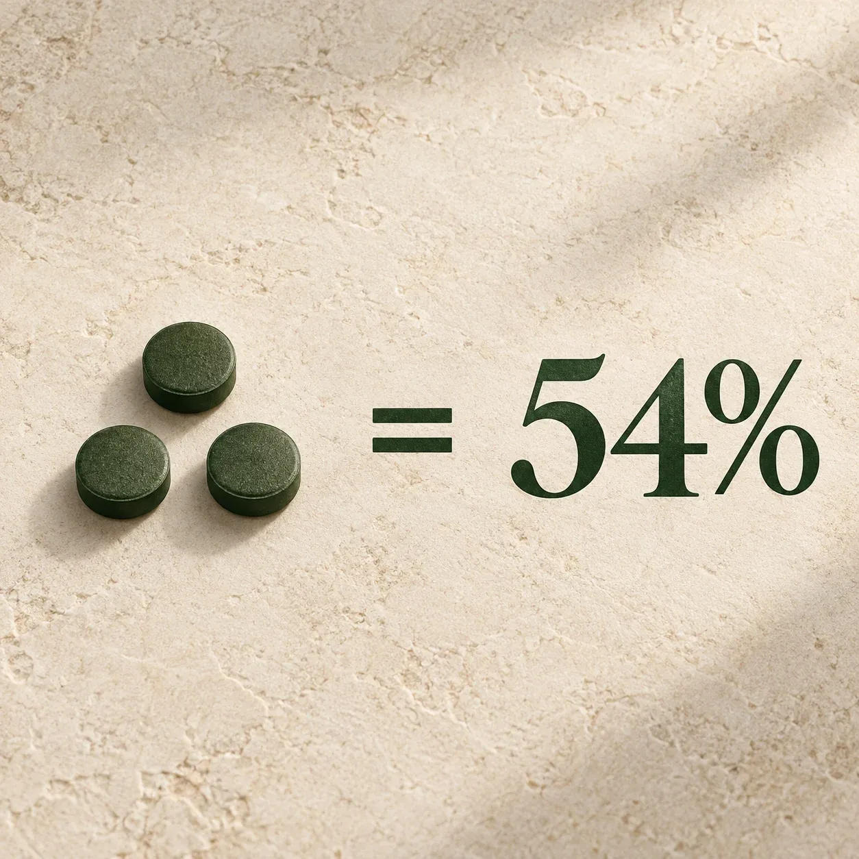 Trois comprimés de spiruline et l’inscription « = 54 % » : la part des apports de référence en vitamine A pour 3 comprimés
