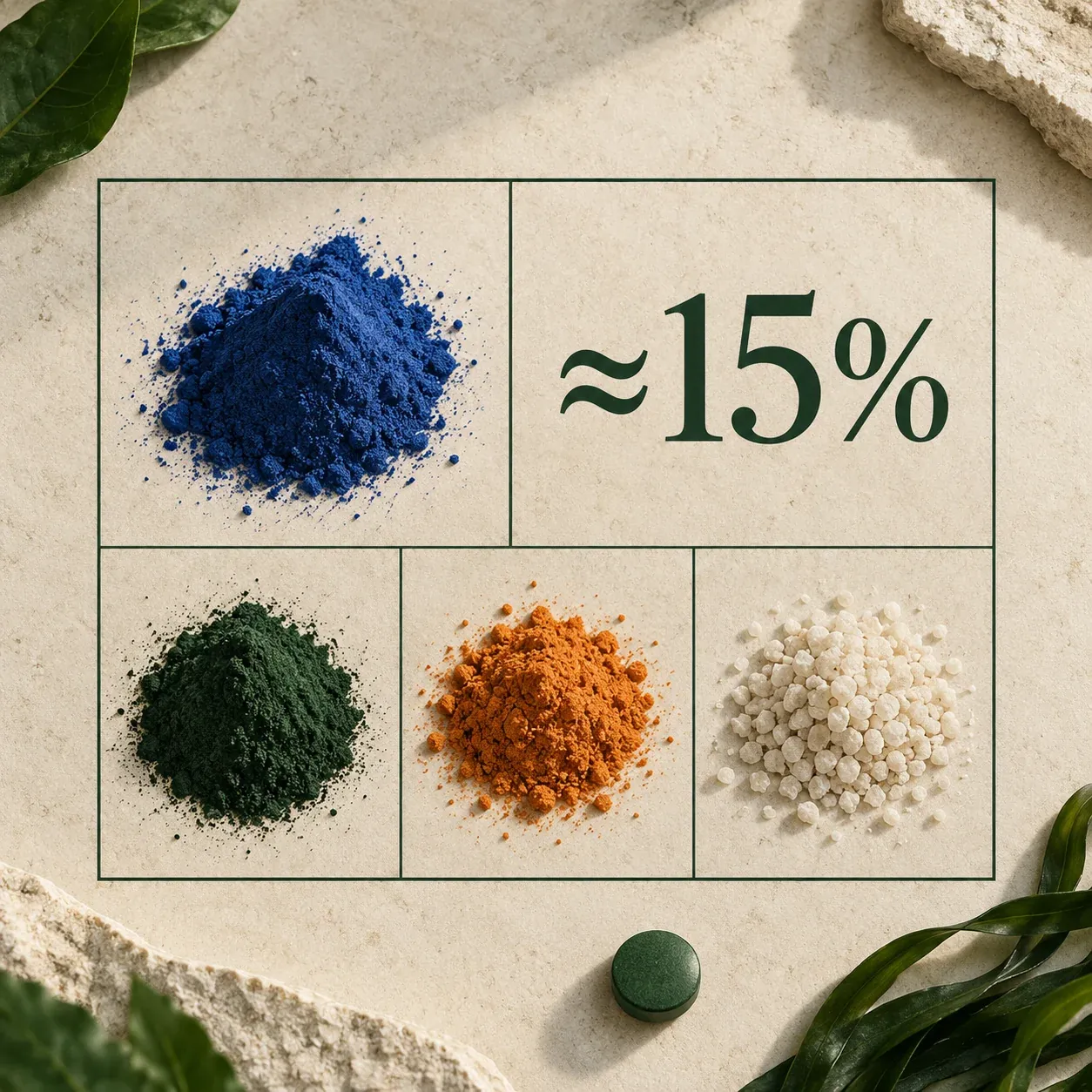 Quatre poudres colorées, bleue, verte, orange et blanche, autour de l’inscription « ≈ 15 % » : la teneur en phycocyanine