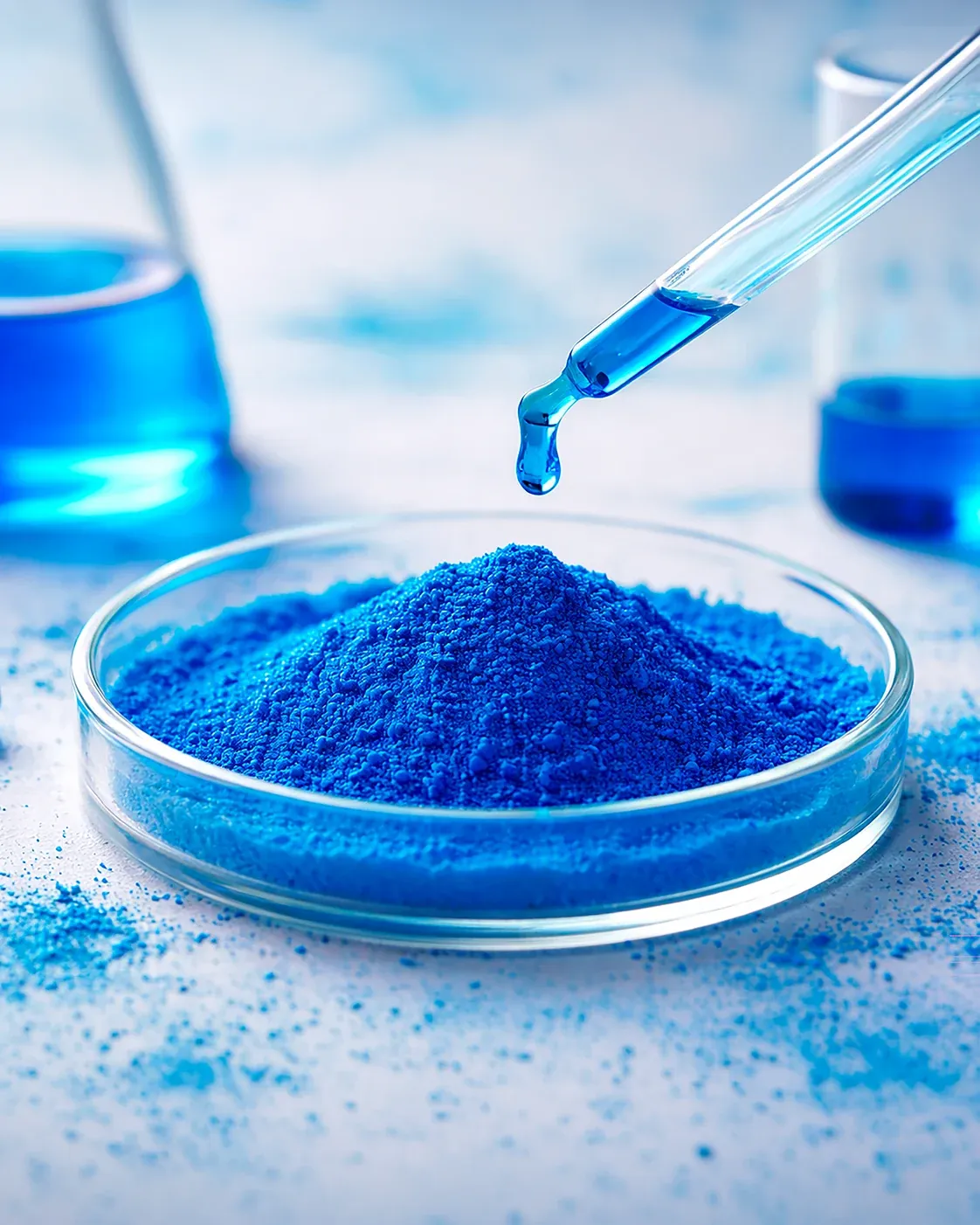 Une poudre bleu vif de phycocyanine dans une coupelle de verre, une pipette au-dessus, en laboratoire