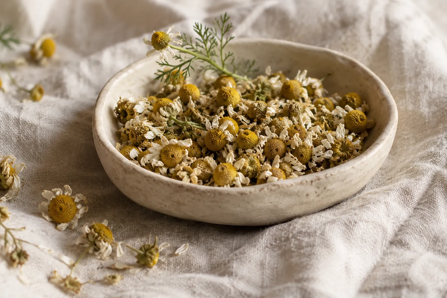 Fleurs de camomille matricaire séchées dans une coupelle